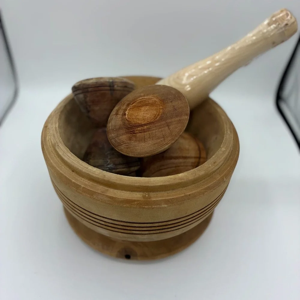 Vintage Hand Turned Wooden Mortar and Pestle Set Banded Rings 7in